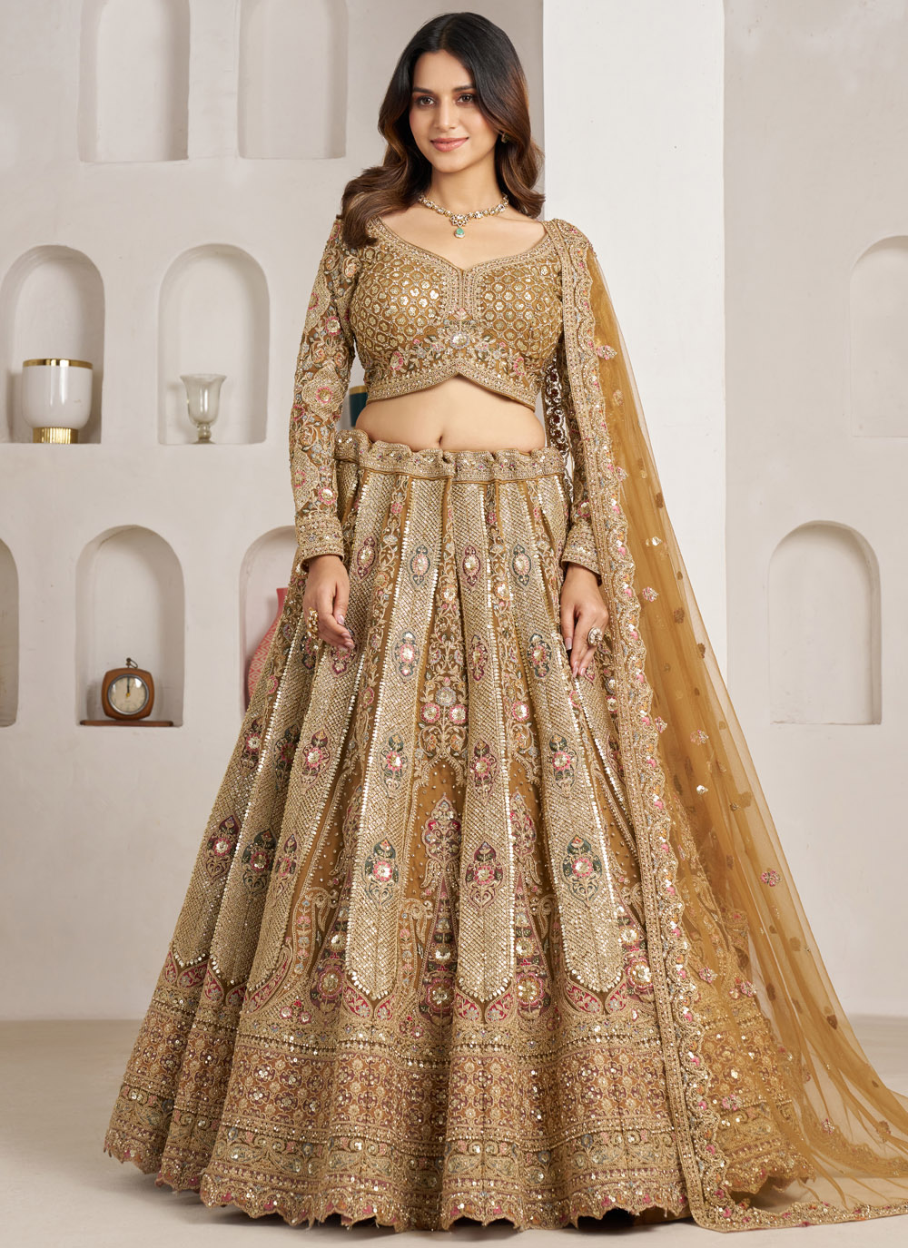 Gold Net Sequins Stone Resham Embroidered Lehenga Choli for Wedding - Buy Online