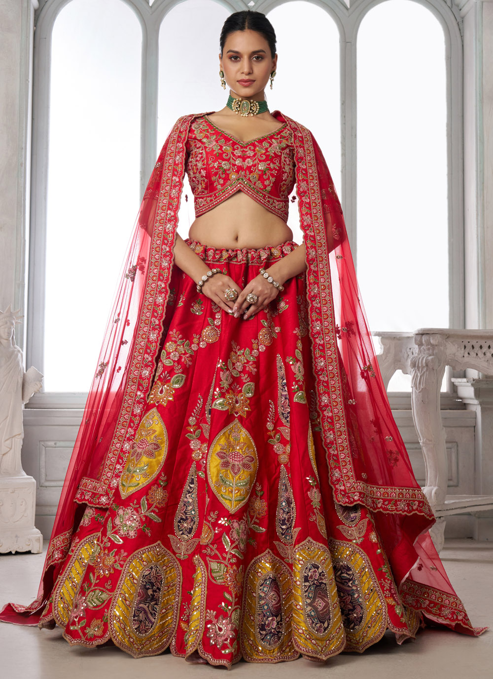 Red Silk Embroidered and Patch Work Bridal Lehenga Choli - Buy Online