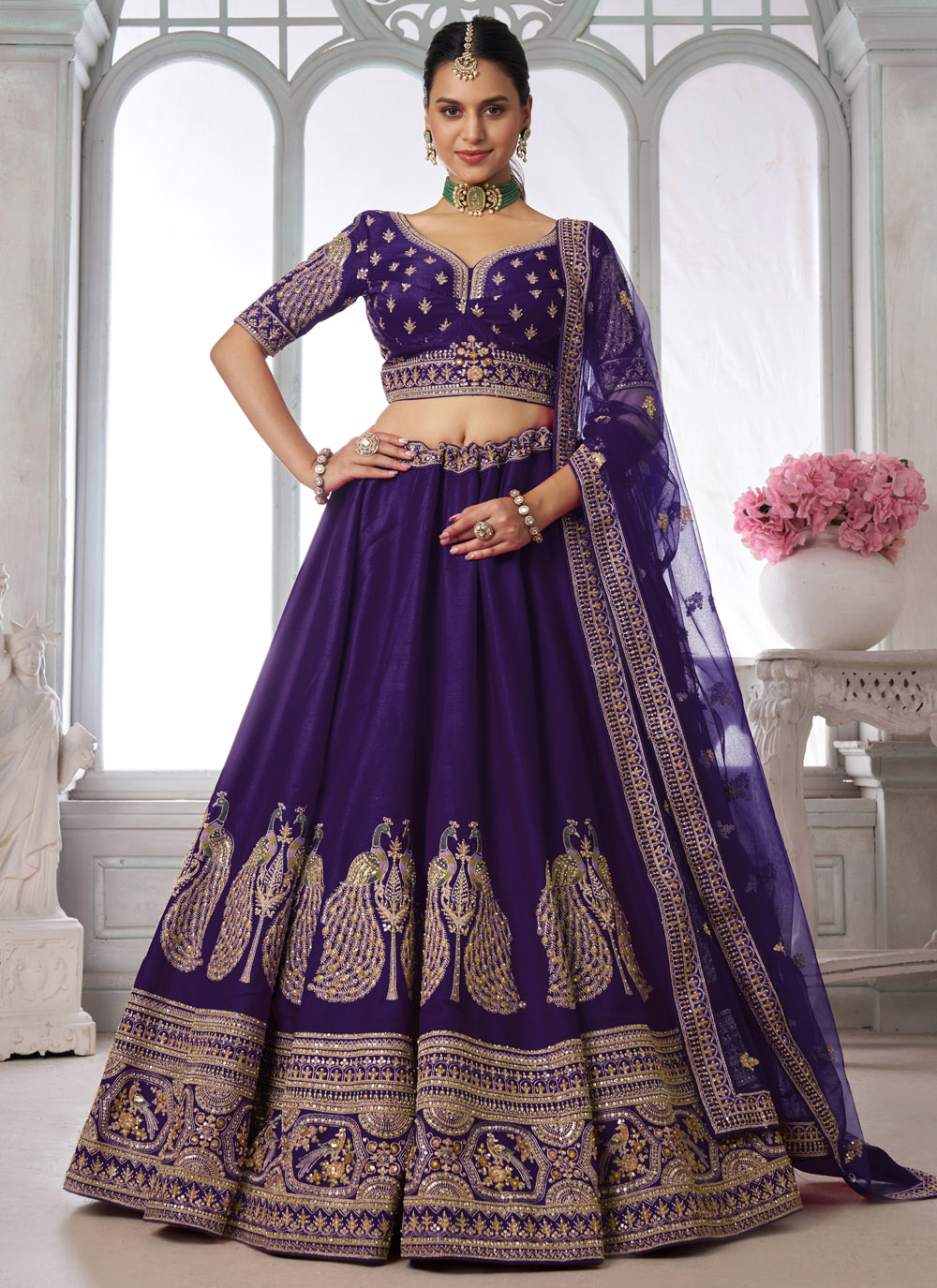 Purple Diamond Zari Resham Embroidered Silk Trendy Lehenga Choli - Buy Online