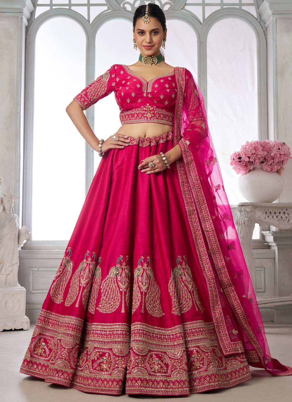 Silk Pink Embroidered Sequins Diamond Work Lehenga Choli for Reception - Buy Online