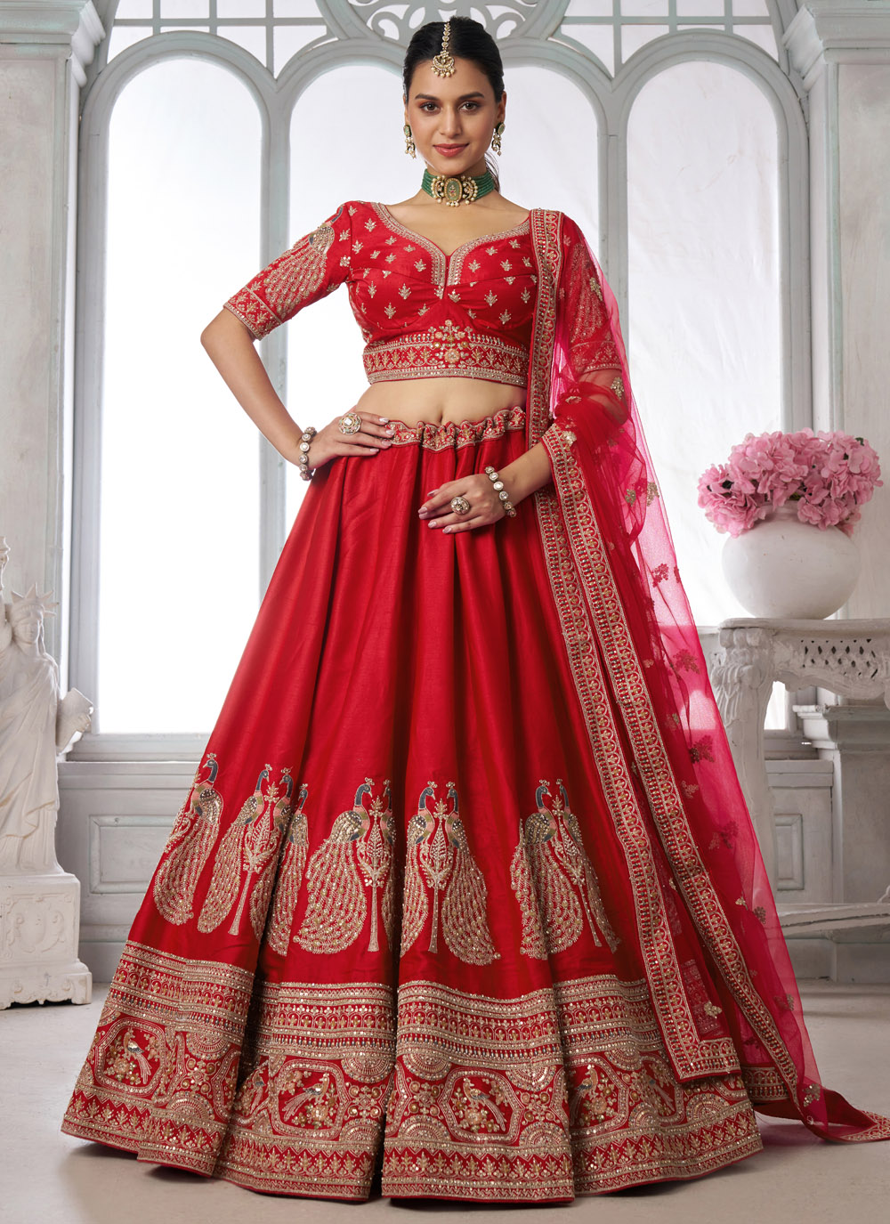 Red Silk Resham Diamond Embroidered Designer Lehenga Choli - Buy Online
