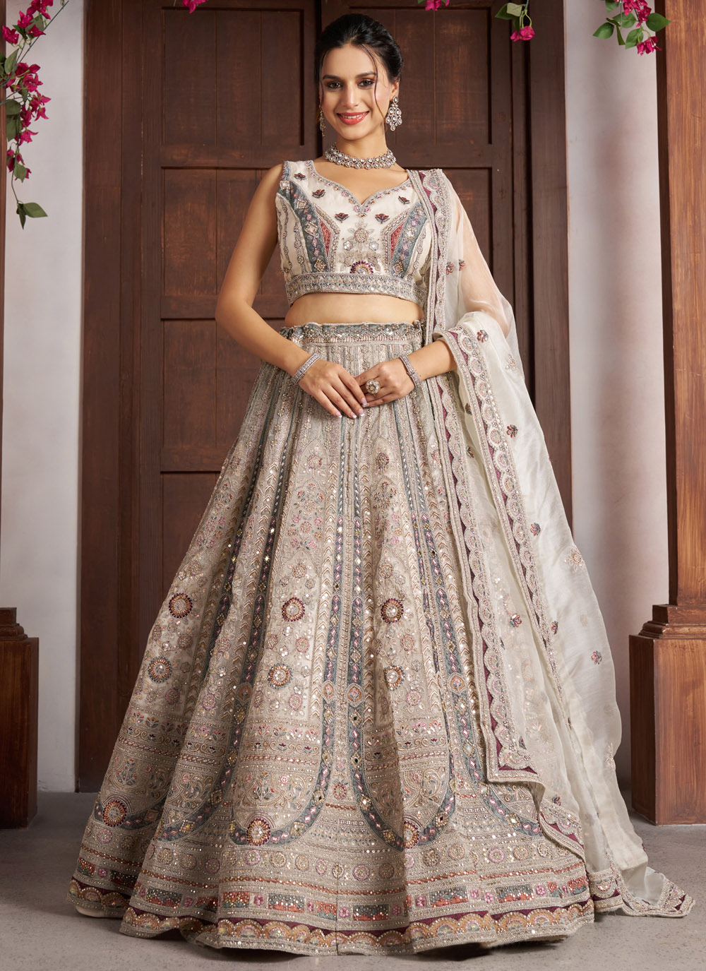 Off White Net Embroidered Zari Sequins Lehenga Choli - Buy Online