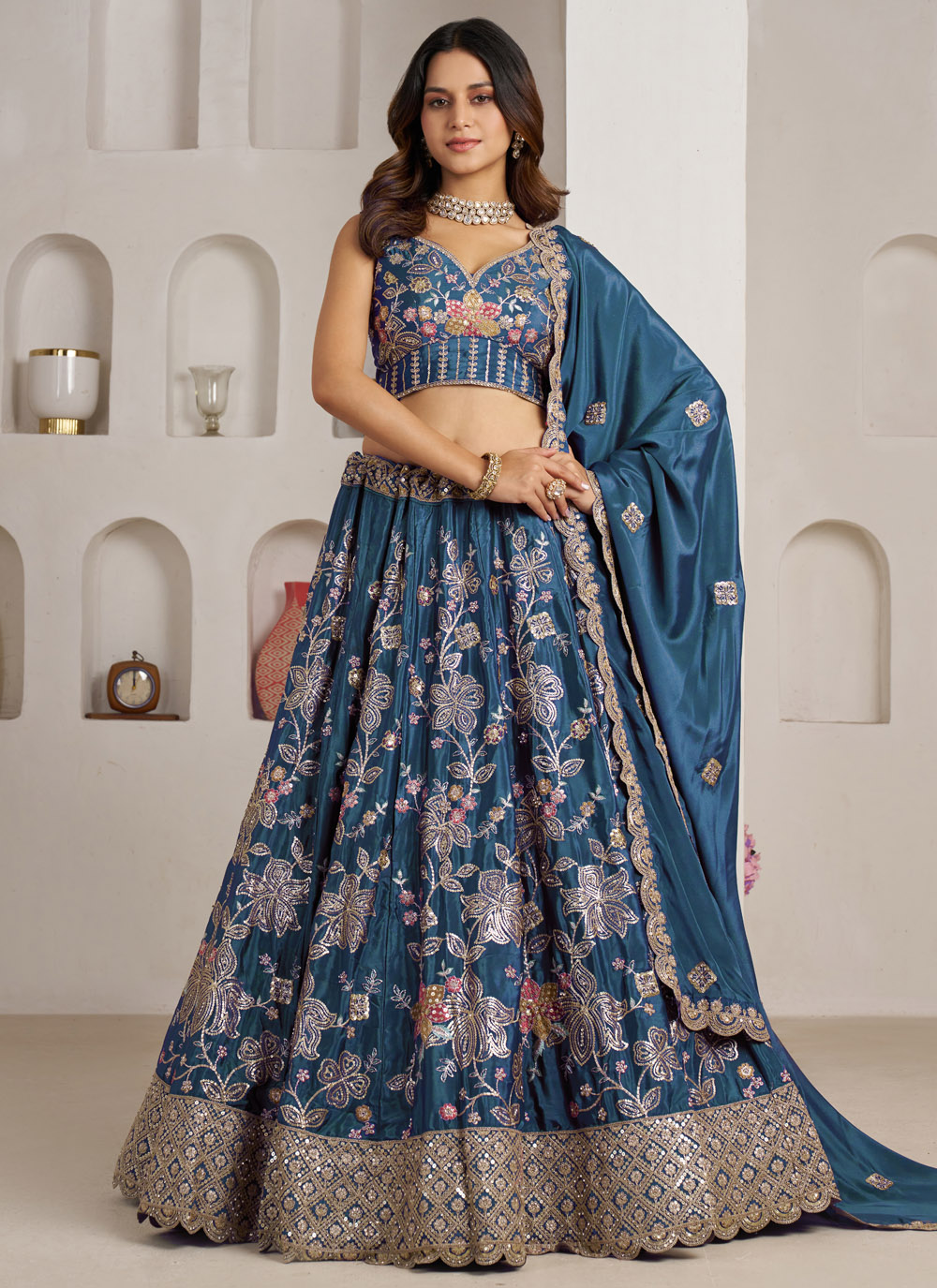 Crepe Silk Aqua Blue Zari Sequins Embroidered Trendy Lehenga Choli - Buy Online