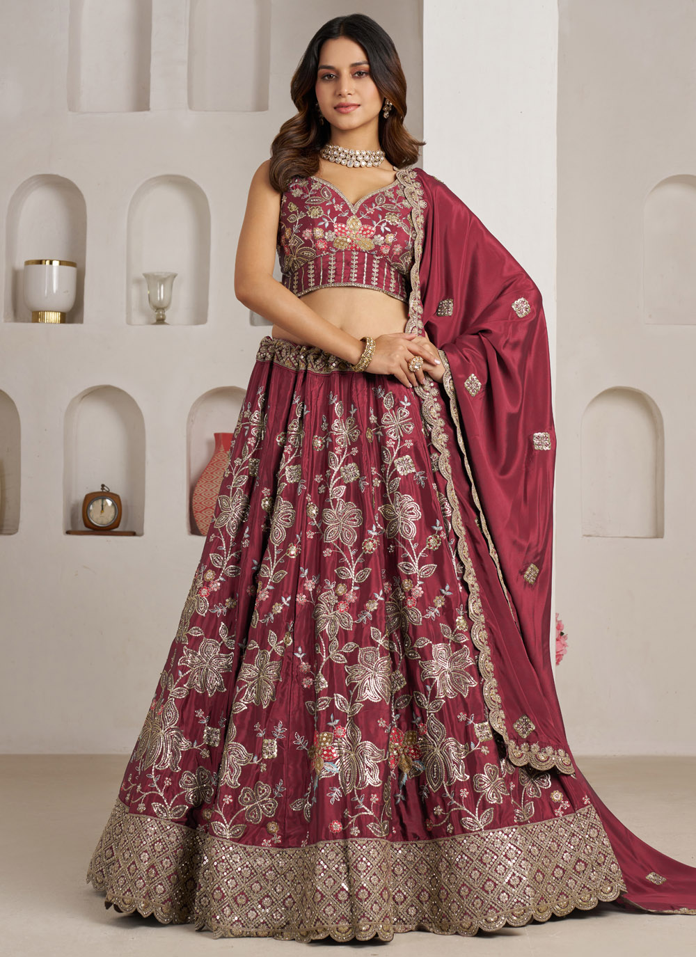 Maroon Crepe Silk Sequins Embroidered Wedding Lehenga Choli - Buy Online