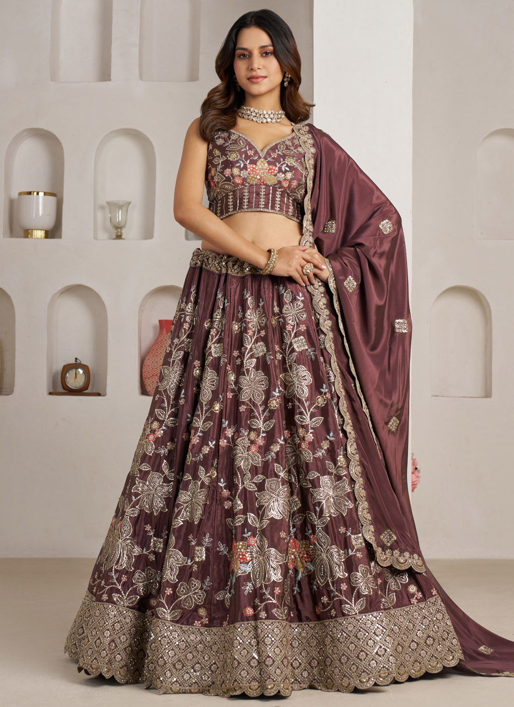 Crepe Silk Embroidered Sequins Work Wine Designer Lehenga Choli - Buy Online