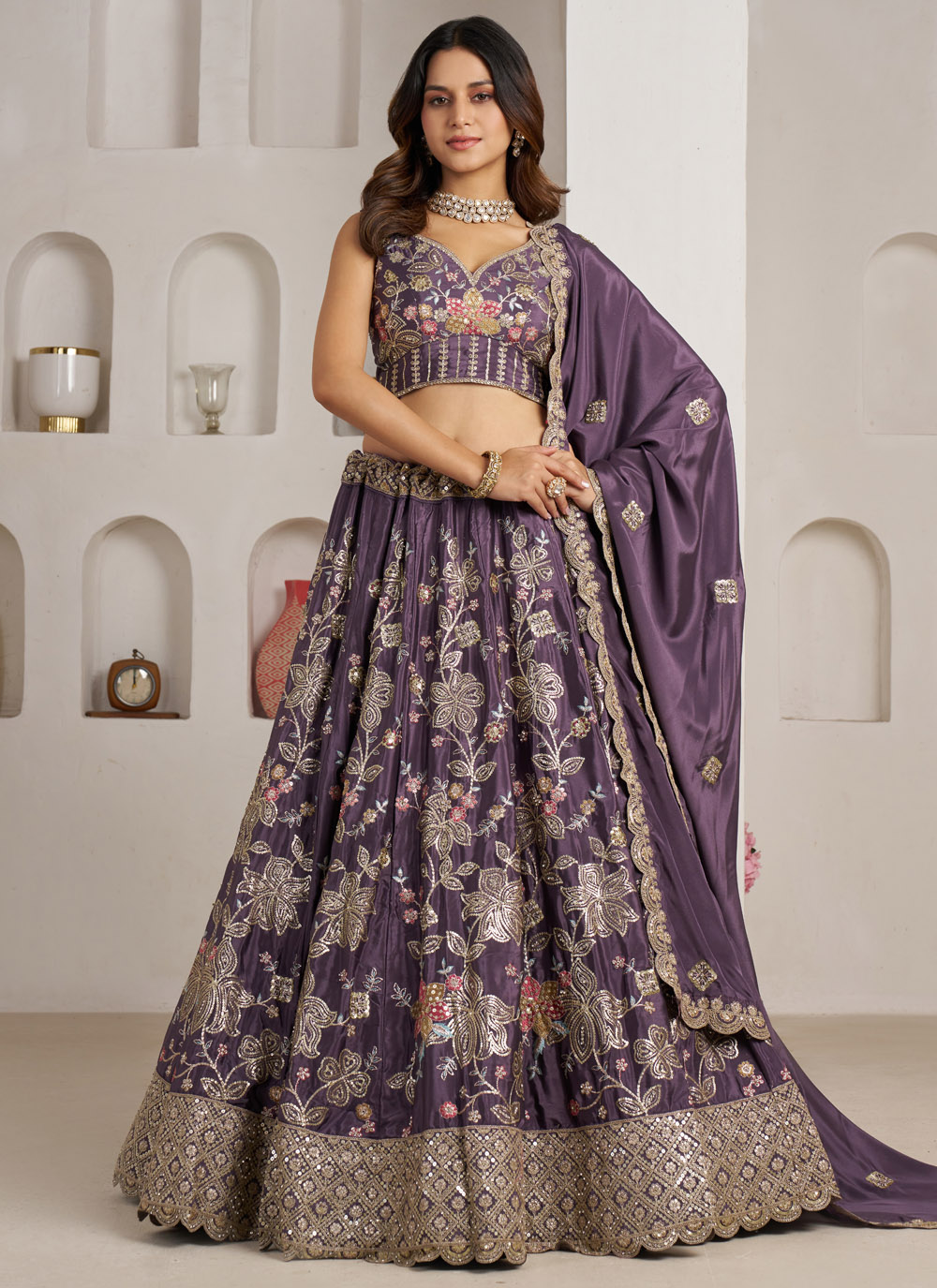 Purple Sequins Zari Embroidered Trendy Crepe Silk Lehenga Choli - Buy Online