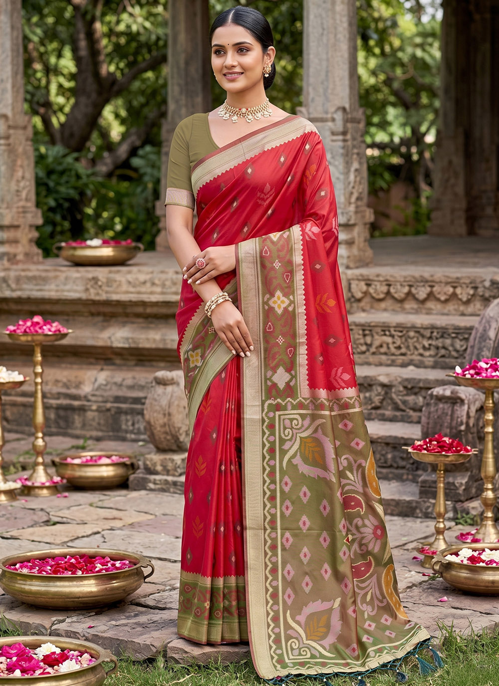 Red Silk Woven Work Traditional Saree - Buy Online