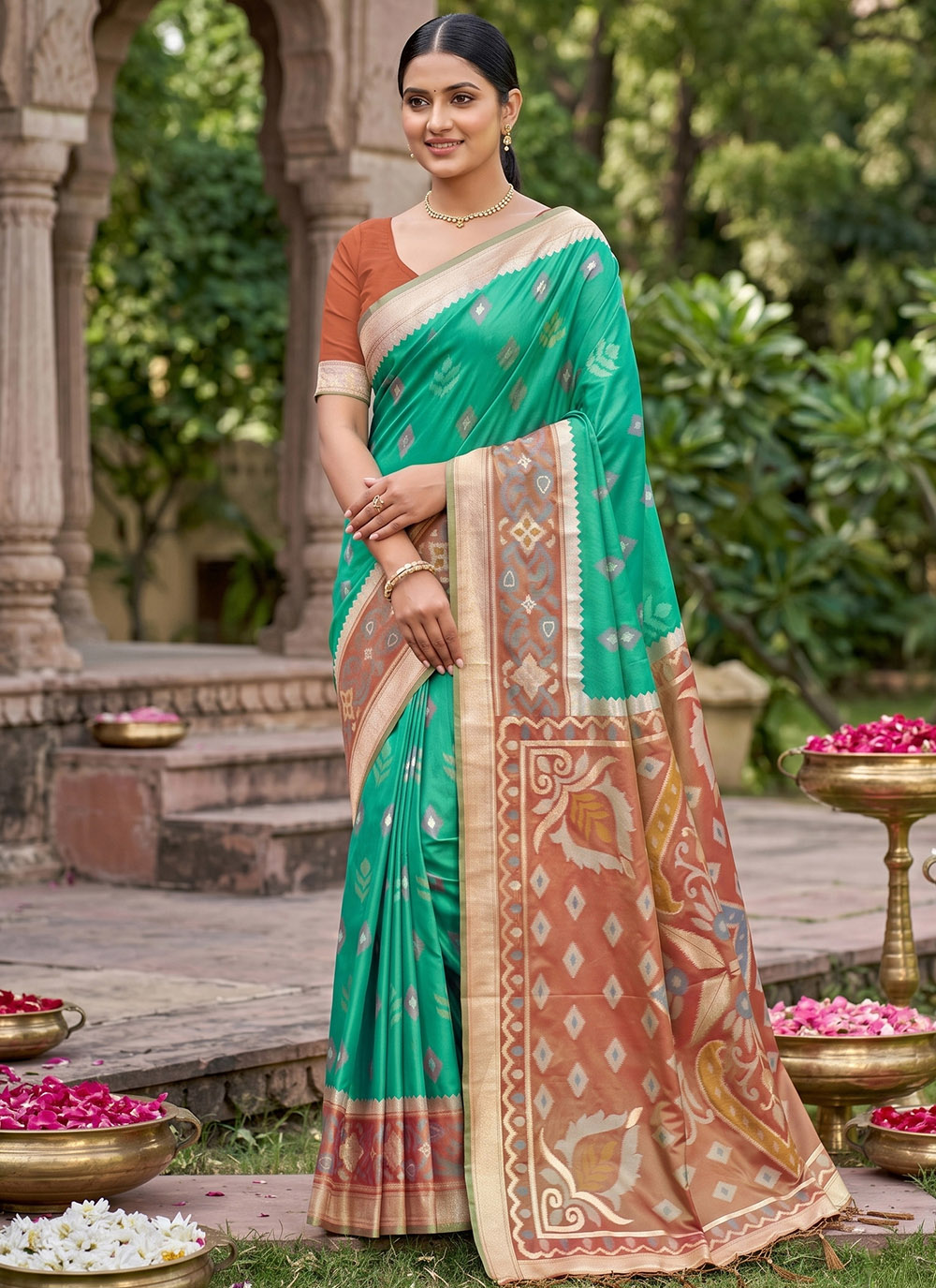 Silk Rama Woven Contemporary Saree - Buy Online