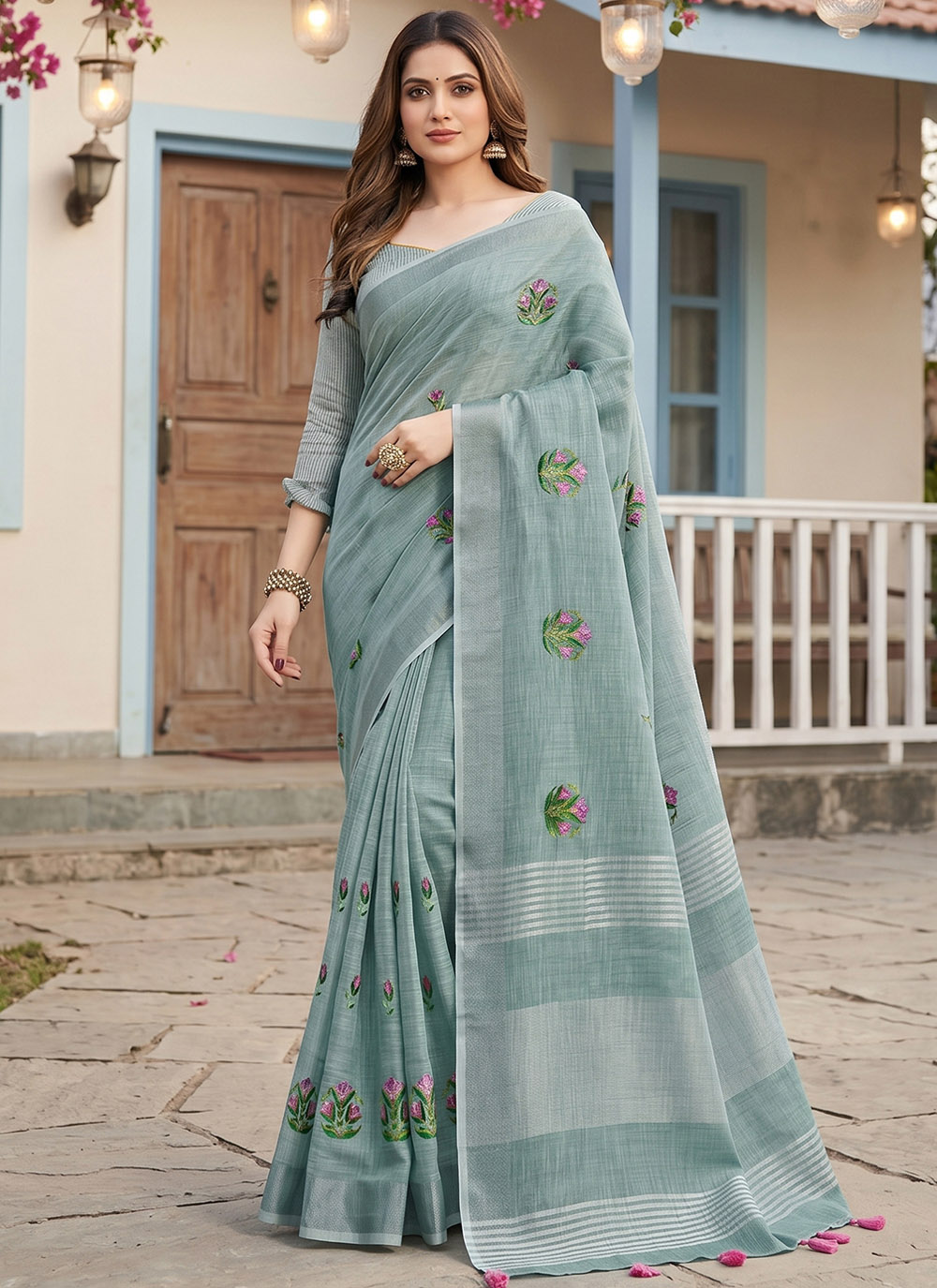 Sea Green Linen Embroidered Classic Saree - Buy Online