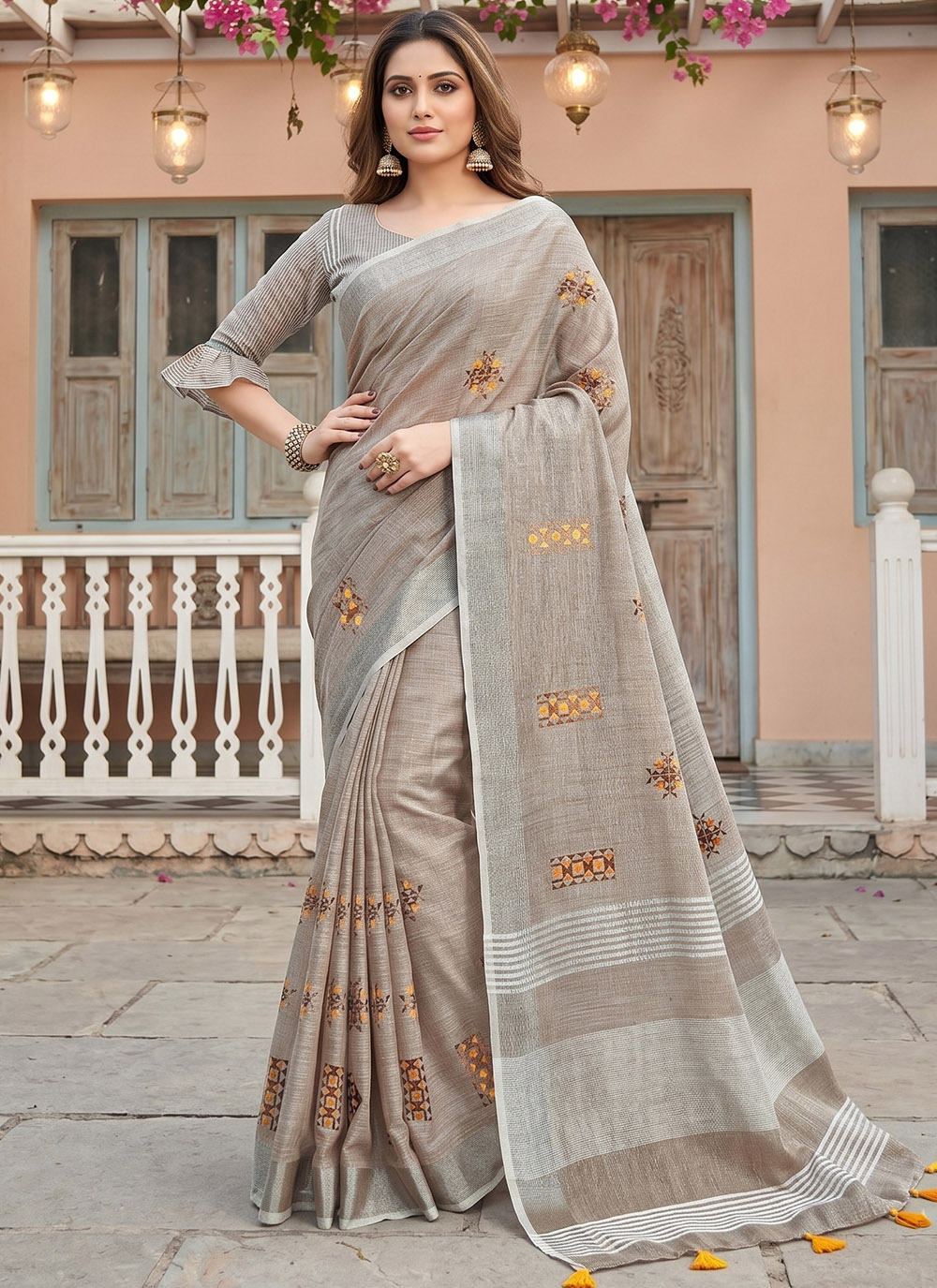 Linen Embroidered Casual Wear Saree in Beige - Buy Online