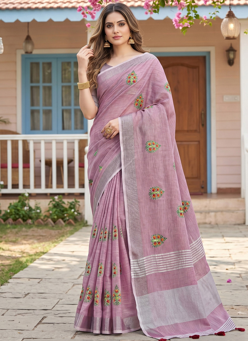 Purple Embroidered Linen Trendy Saree - Buy Online