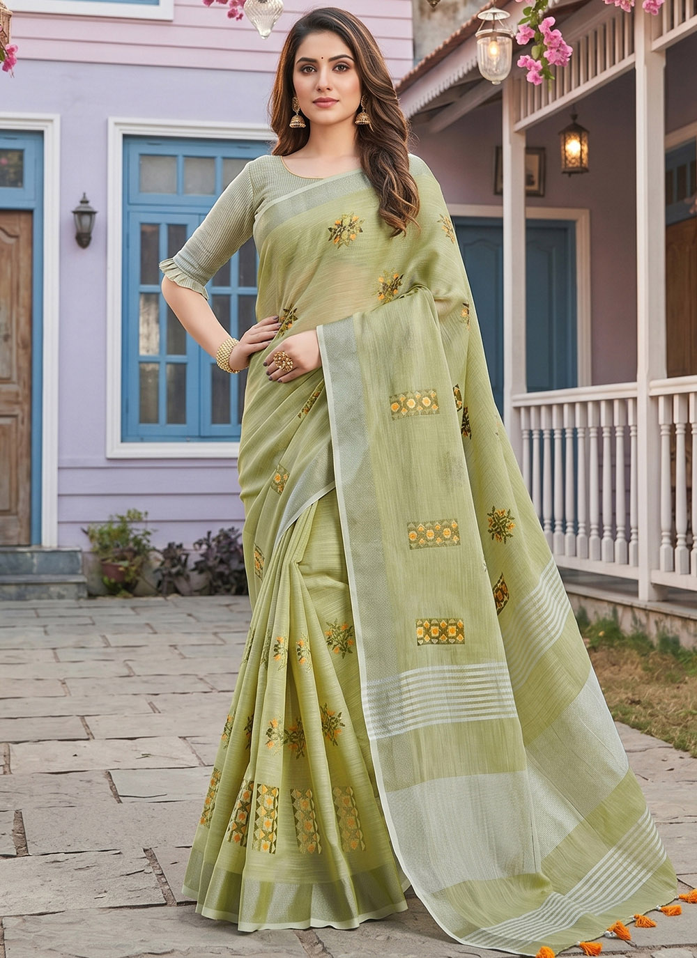 Linen Green Embroidered Saree for Casual - Buy Online