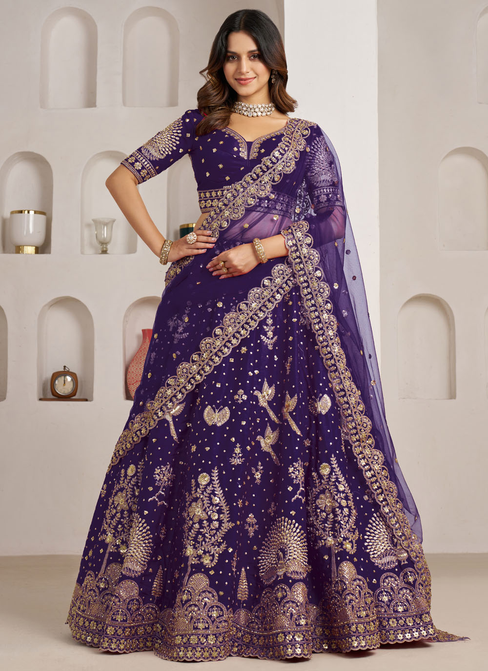 Purple Silk Diamond Sequins Embroidered Lehenga Choli for Ceremonial - Buy Online