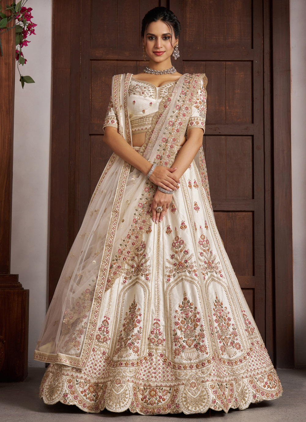 Silk Off White Diamond Sequins Embroidered Lehenga Choli for Reception - Buy Online