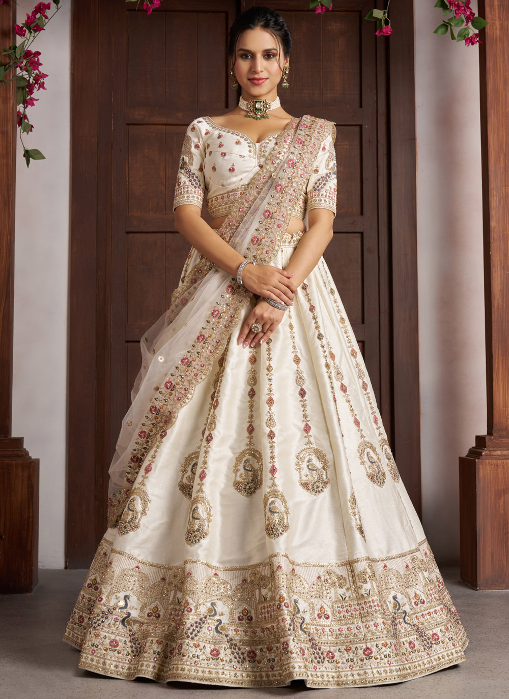 Off White Sequins Zari Diamond Embroidered Silk Designer Lehenga Choli - Buy Online