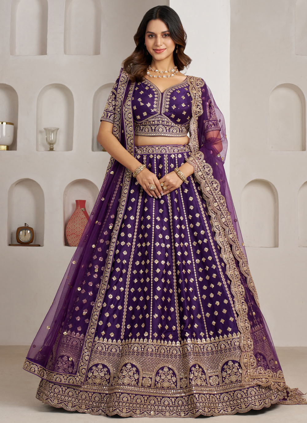 Silk Zari Sequins Diamond Embroidered Purple Wedding Lehenga Choli - Buy Online