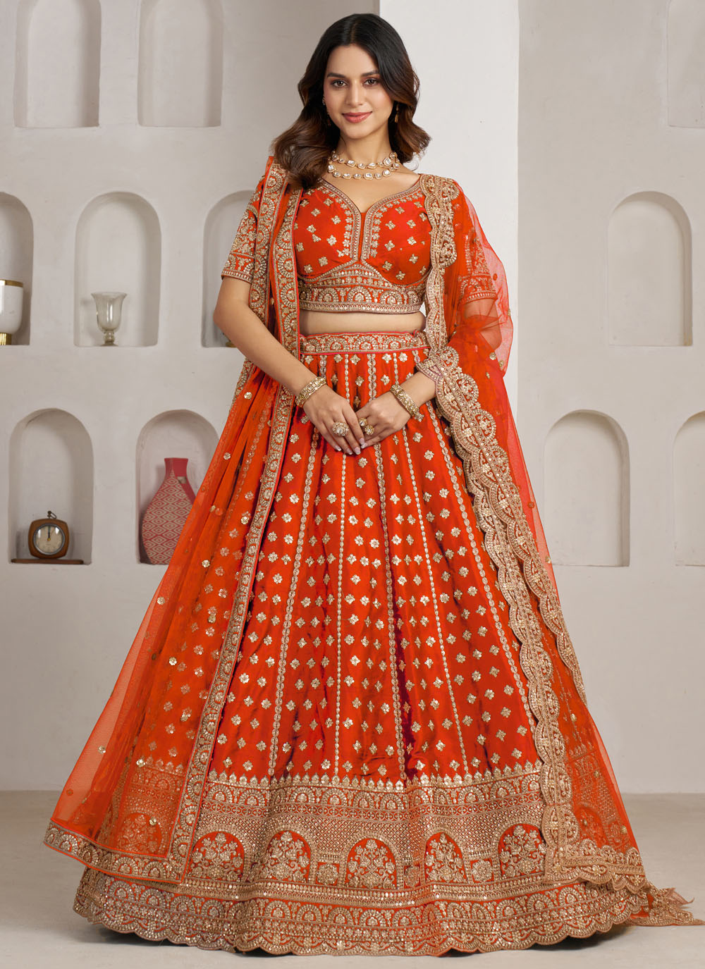 Silk Orange Sequins Diamond Embroidered Lehenga Choli - Buy Online