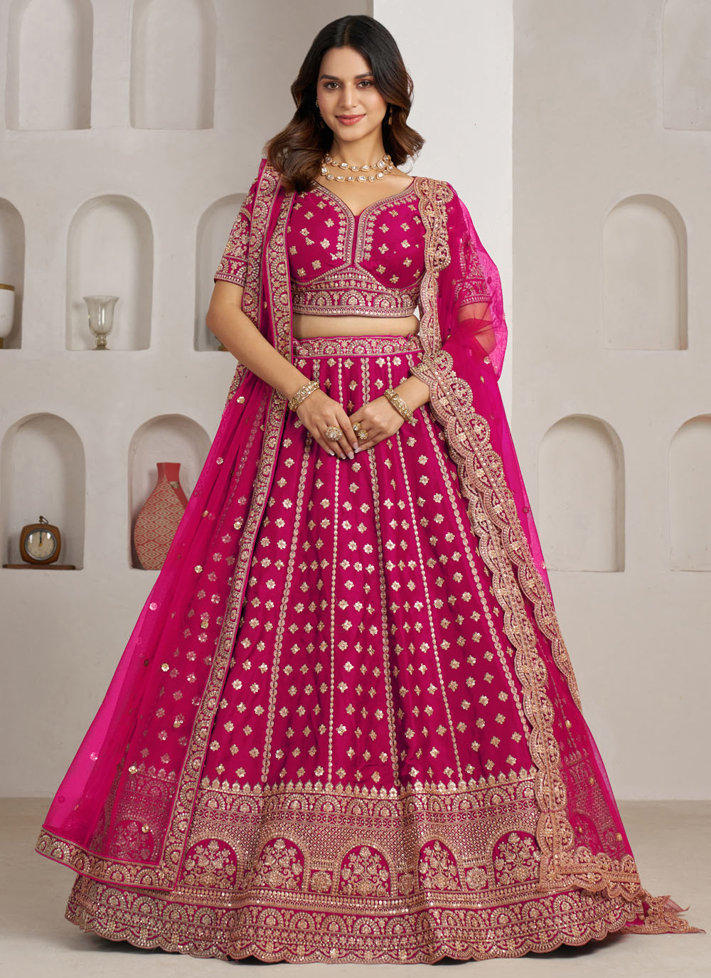 Pink Sequins Zari Embroidered Silk Lehenga Choli for Engagement - Buy Online