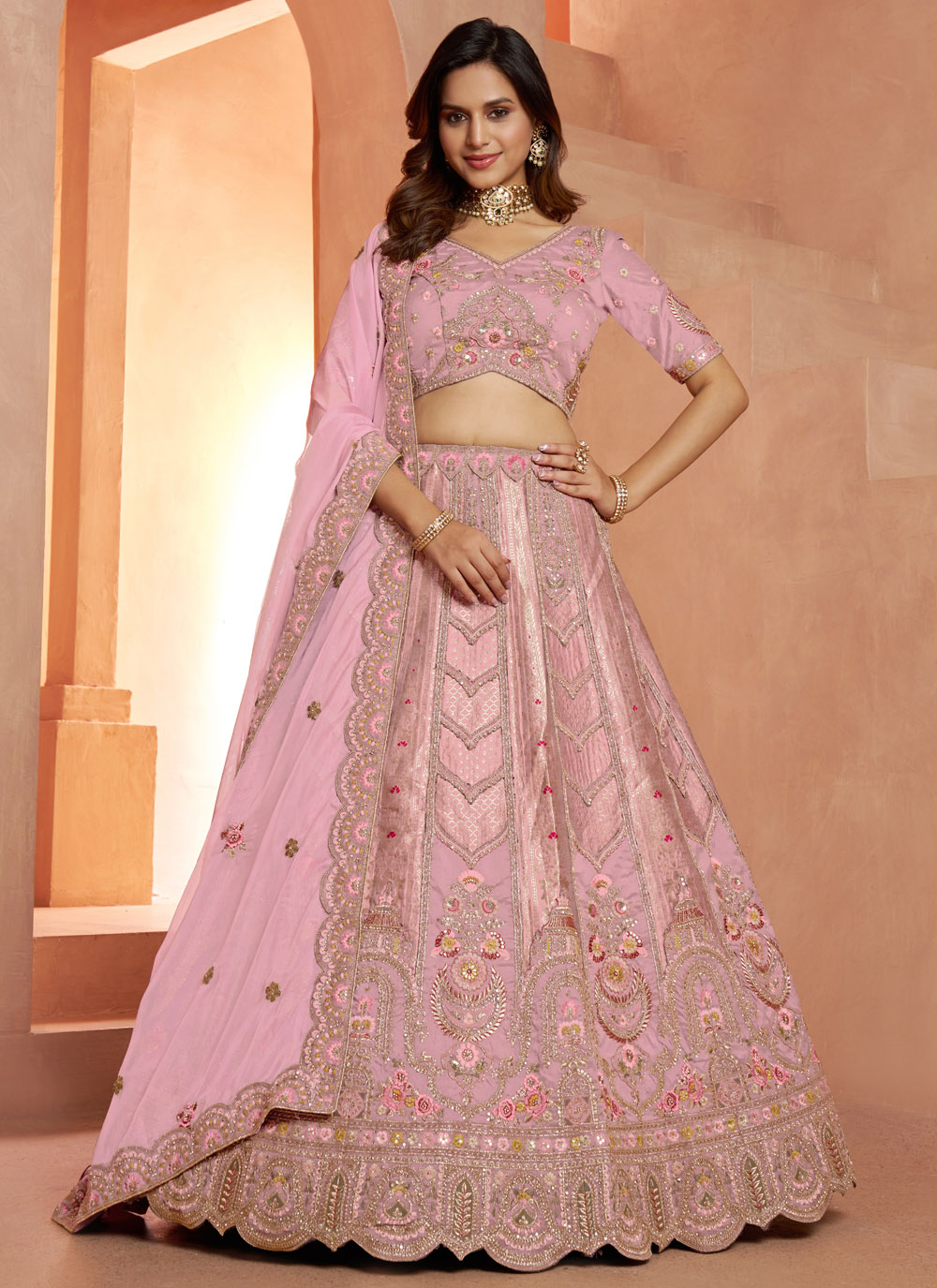 Banarasi Silk Embroidered Diamond Zari Work Trendy Pink Lehenga Choli - Buy Online