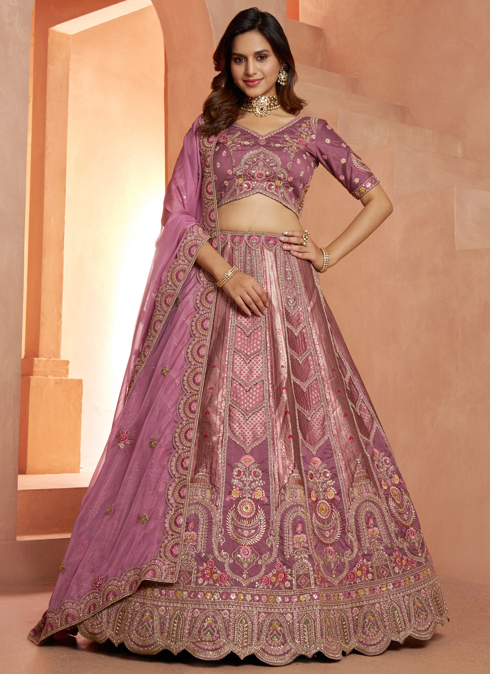 Mauve Sequins Diamond Zari Embroidered Banarasi Silk Lehenga Choli - Buy Online