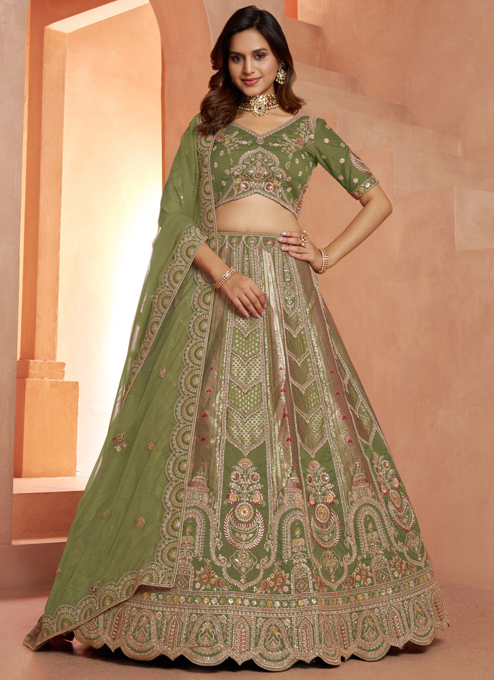 Green Banarasi Silk Embroidered Lehenga Choli for Ceremonial - Buy Online