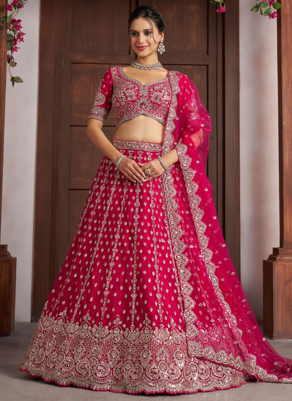 Net Pink Sequins Zari Diamond Work Designer Lehenga Choli - Buy Online