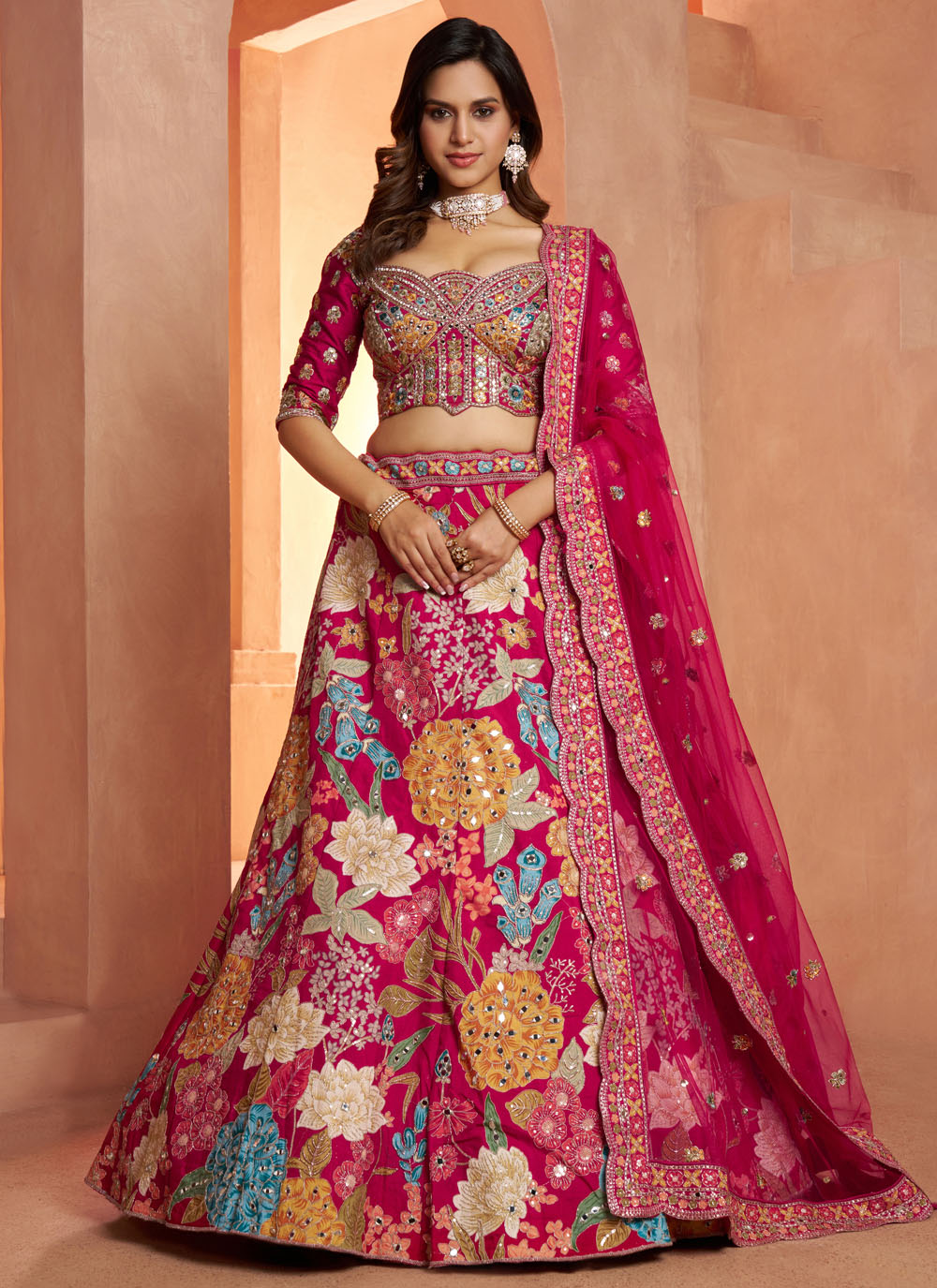 Pink Silk Resham Mirror Sequins Embroidered Lehenga Choli - Buy Online