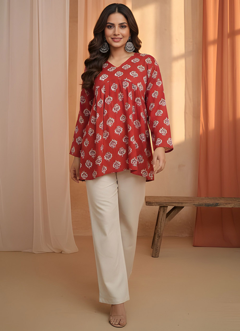Red Cotton Printed Designer Kurti - Buy Online