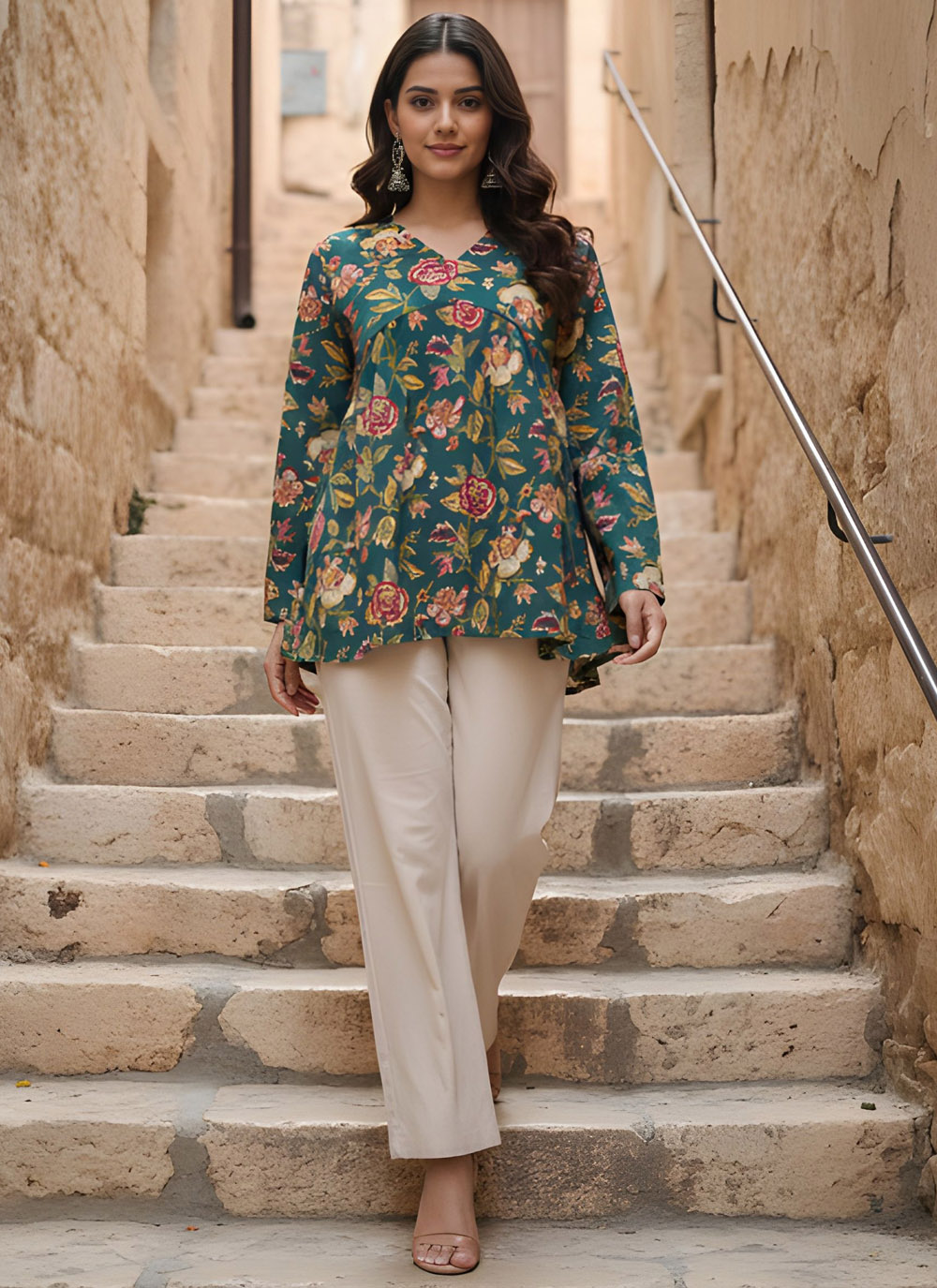 Cotton Green Printed Trendy Casual Kurti - Buy Online