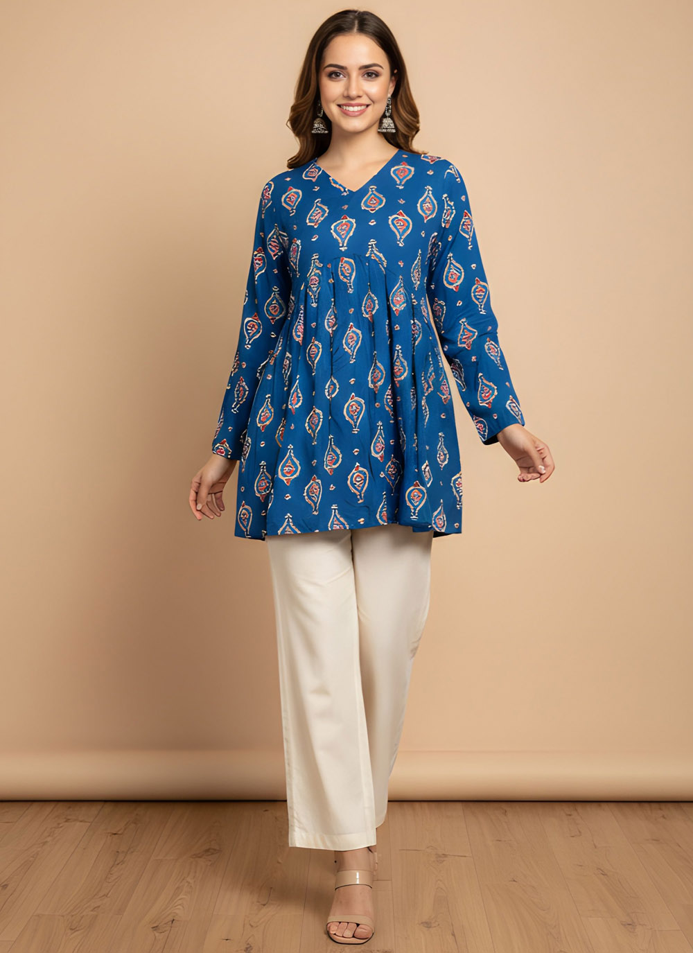 Blue Print Work Designer Kurti in Cotton - Buy Online