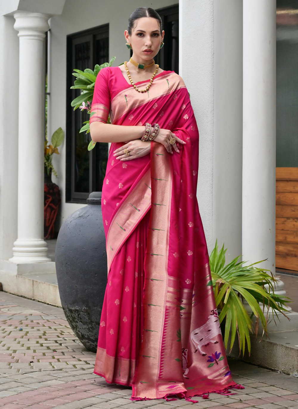 Pink Zari Weaving Paithani Silk Contemporary Saree - Buy Online