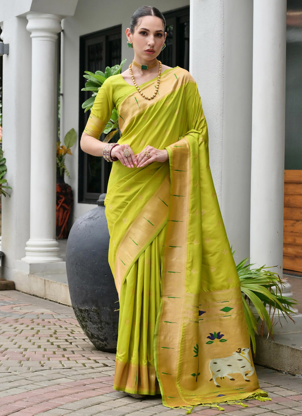 Paithani Silk Green Weaving Zari Traditional Saree - Buy Online