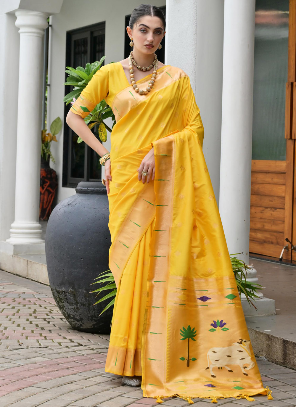 Yellow Zari Weaving Paithani Silk Saree for Ceremonial - Buy Online