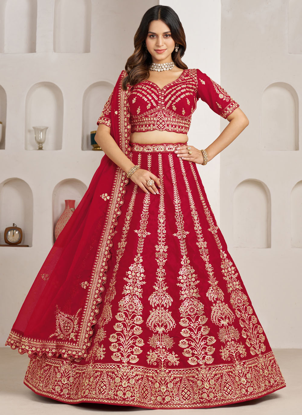 Red Silk Sequins Zari Embroidered Wedding Lehenga Choli - Buy Online