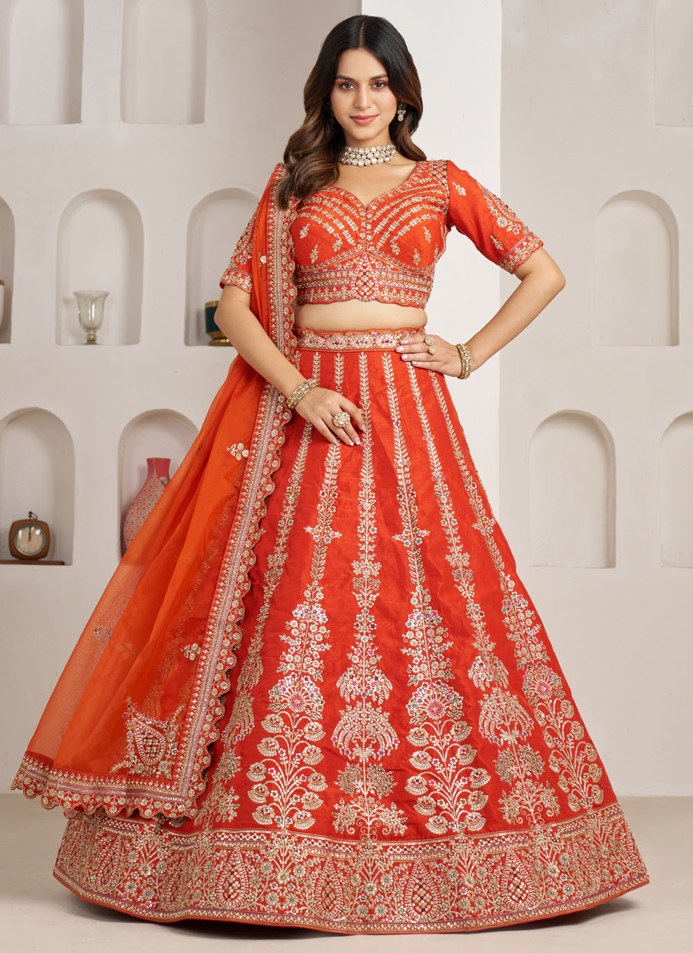 Silk Orange Zari Sequins Embroidered Lehenga Choli for Engagement - Buy Online