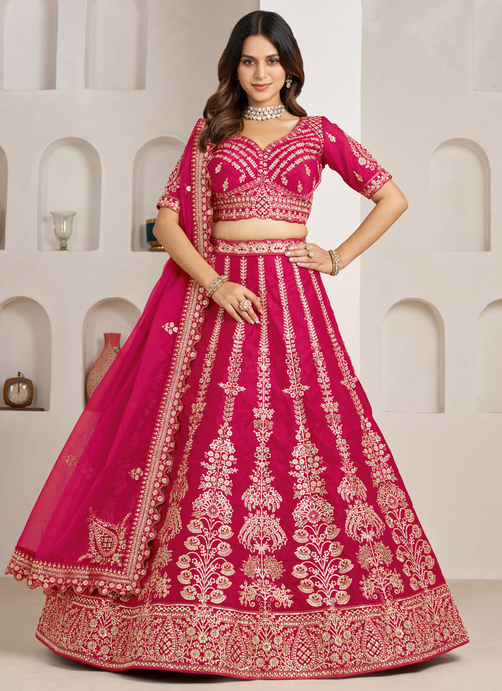 Embroidered Sequins Zari Work Silk Pink Lehenga Choli - Buy Online