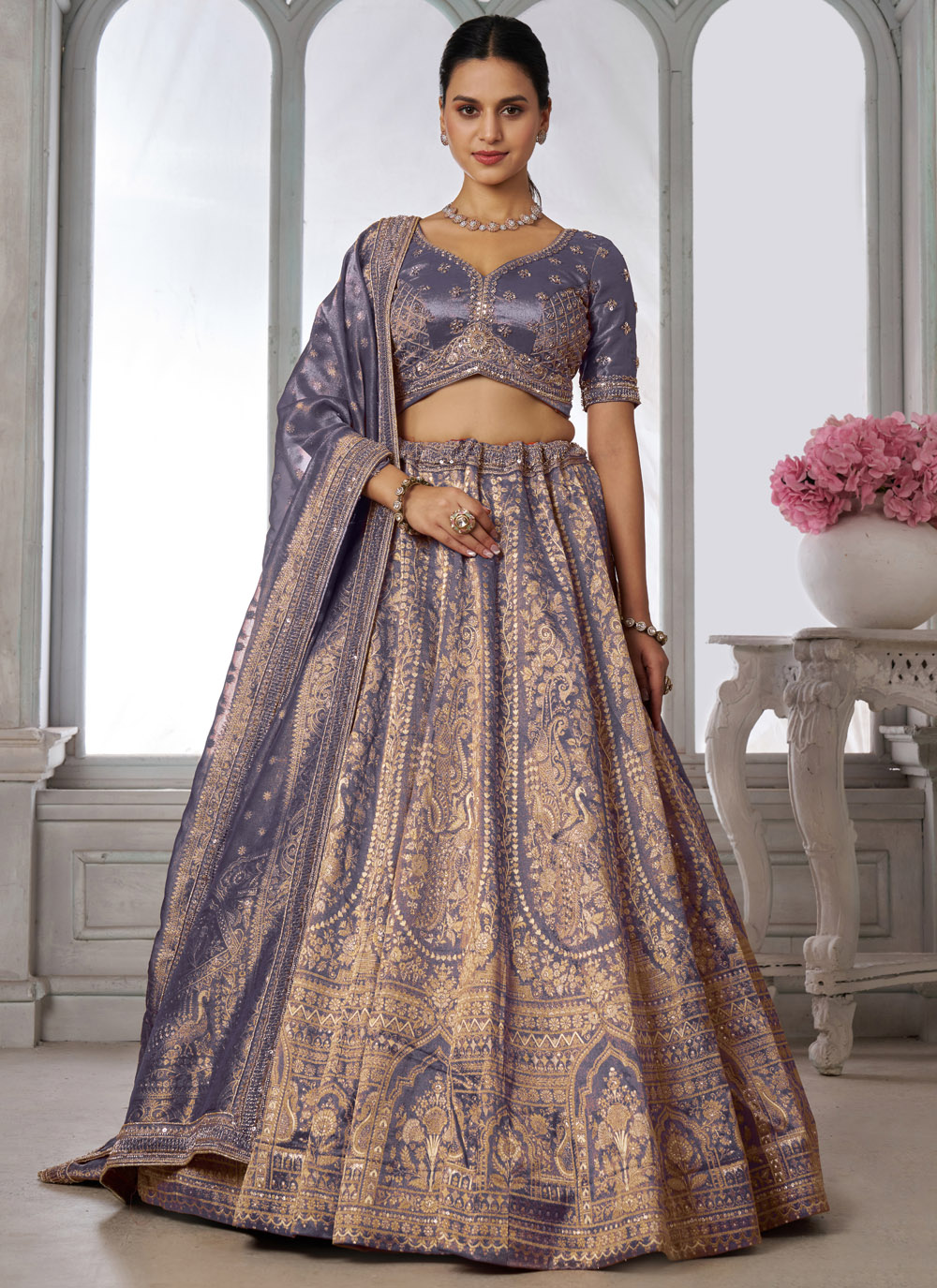 Purple Kanjivaram Silk Tissue Embroidered Lehenga Choli for Reception - Buy Online