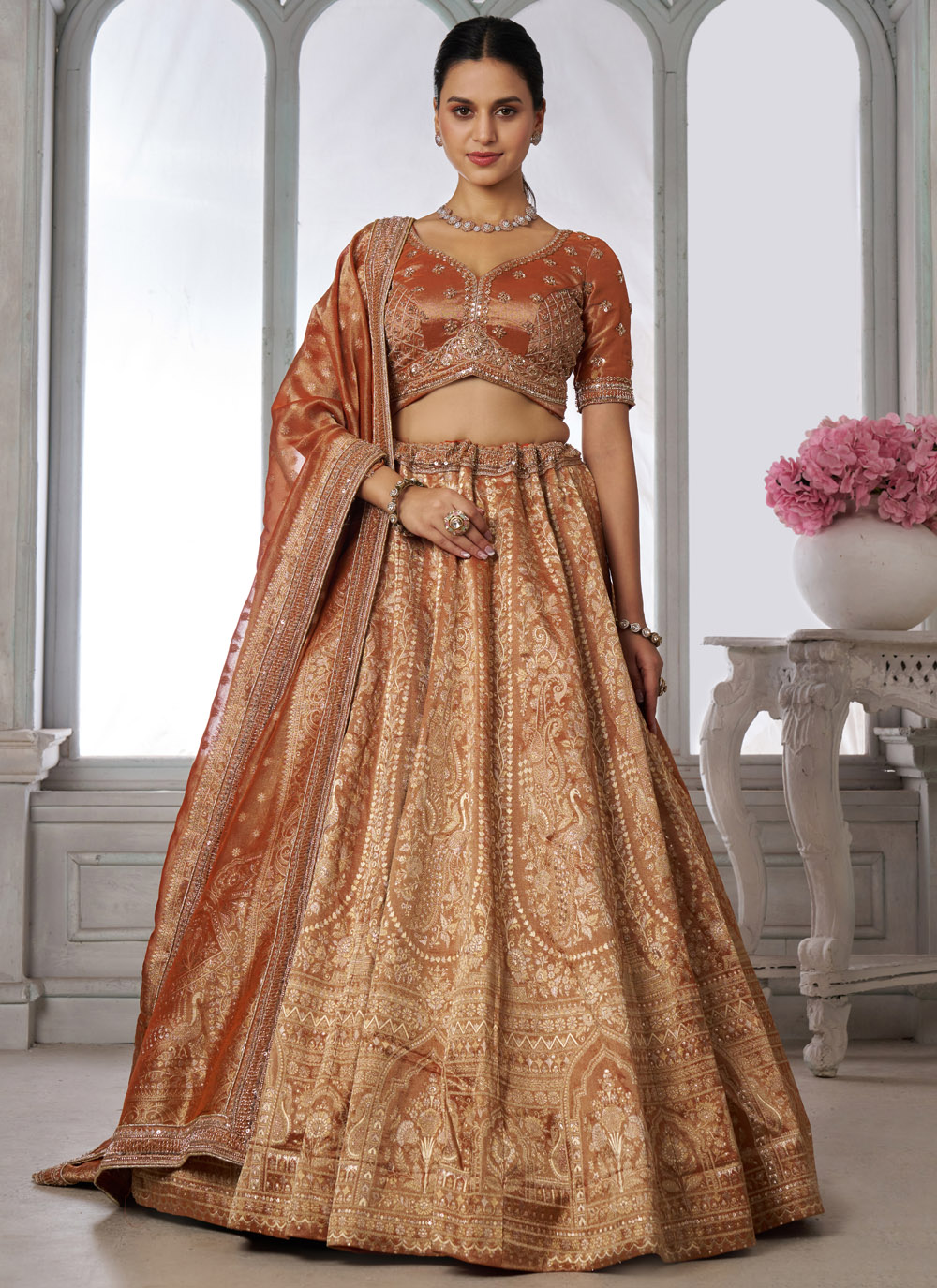 Kanjivaram Silk Beads Sequins Embroidered Lehenga Choli in Rust - Buy Online
