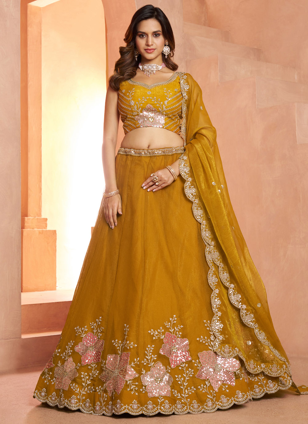 Mustard Tissue Diamond Sequins Embroidered Ceremonial Lehenga Choli - Buy Online