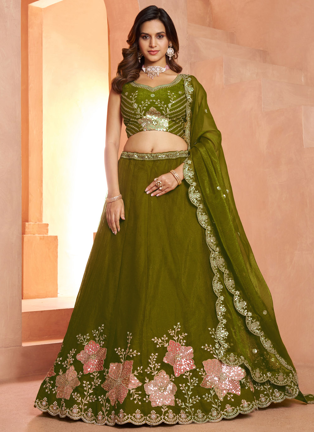 Tissue Green Sequins Zari Embroidered Lehenga Choli for Mehandi - Buy Online