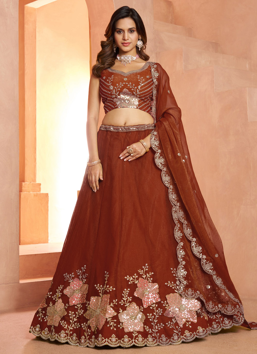 Rust Embroidered Sequins Zari Work Tissue Designer Lehenga Choli - Buy Online