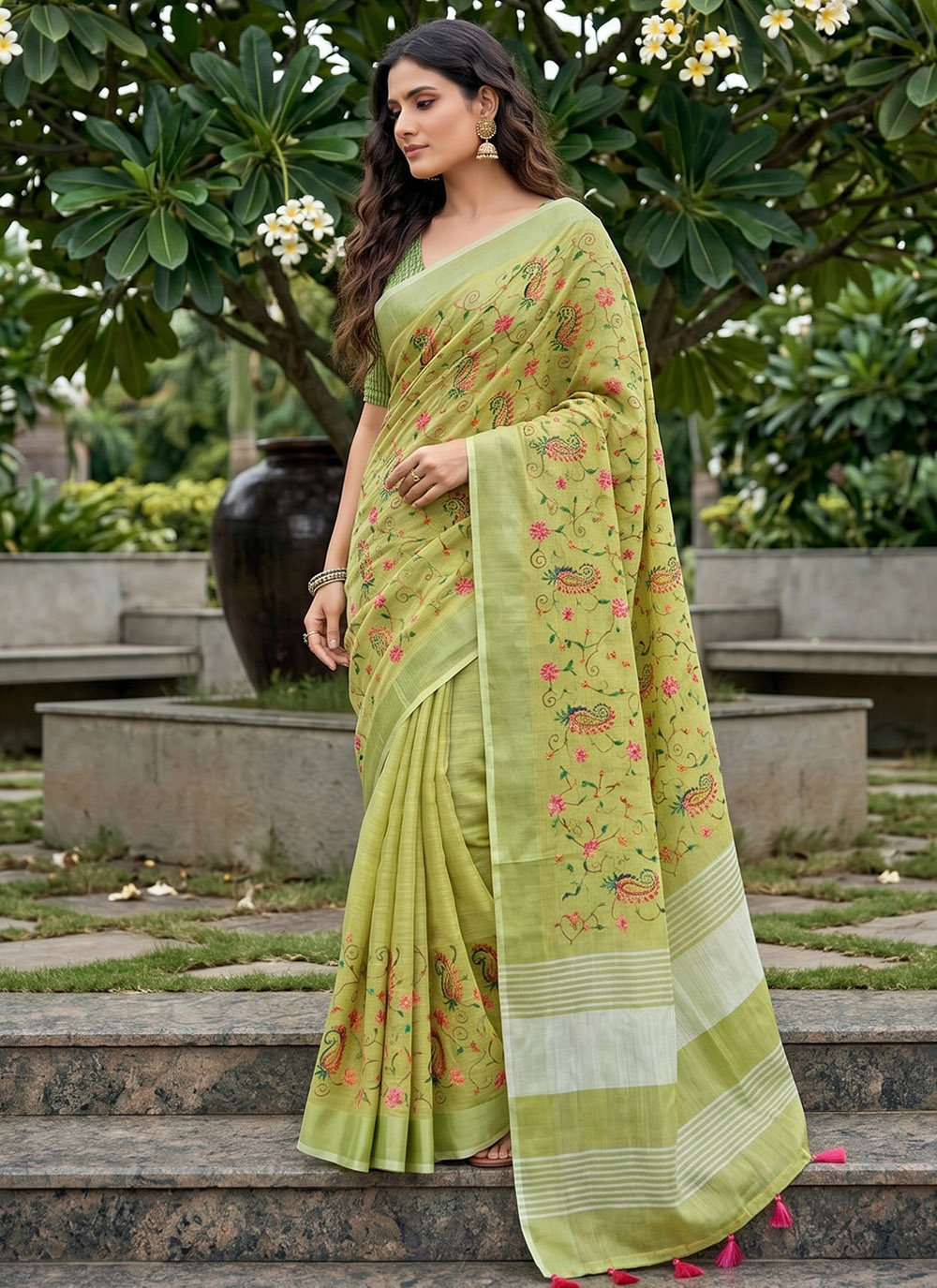 Linen Green Printed Work Trendy Casual Saree - Buy Online