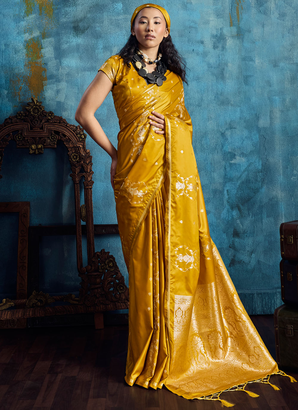 Handloom Silk Mustard Weaving Work Classic Saree - Buy Online
