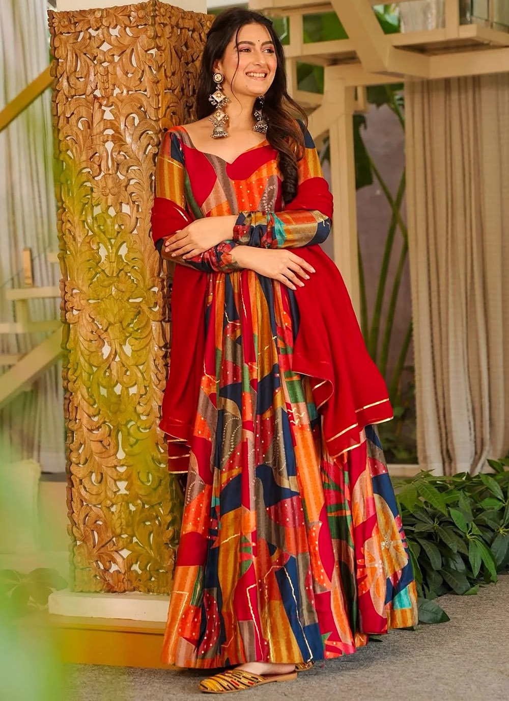 Multi Colour Digital Printed Rayon Readymade Gown - Buy Online
