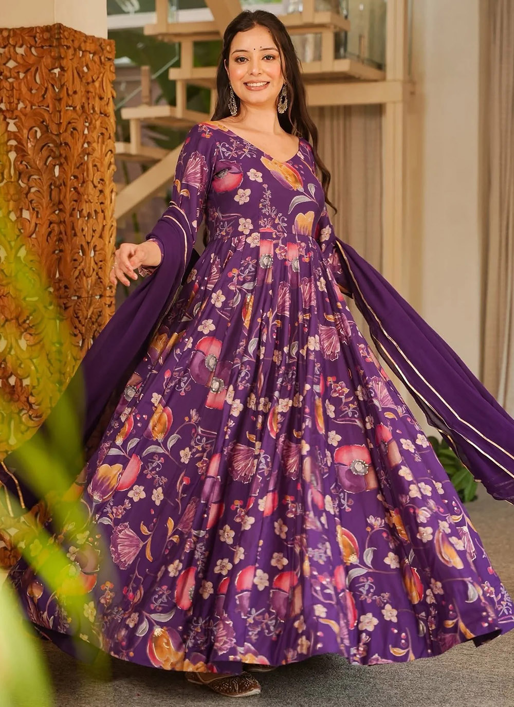 Purple Rayon Digital Printed Anarkali Style Trendy Gown - Buy Online