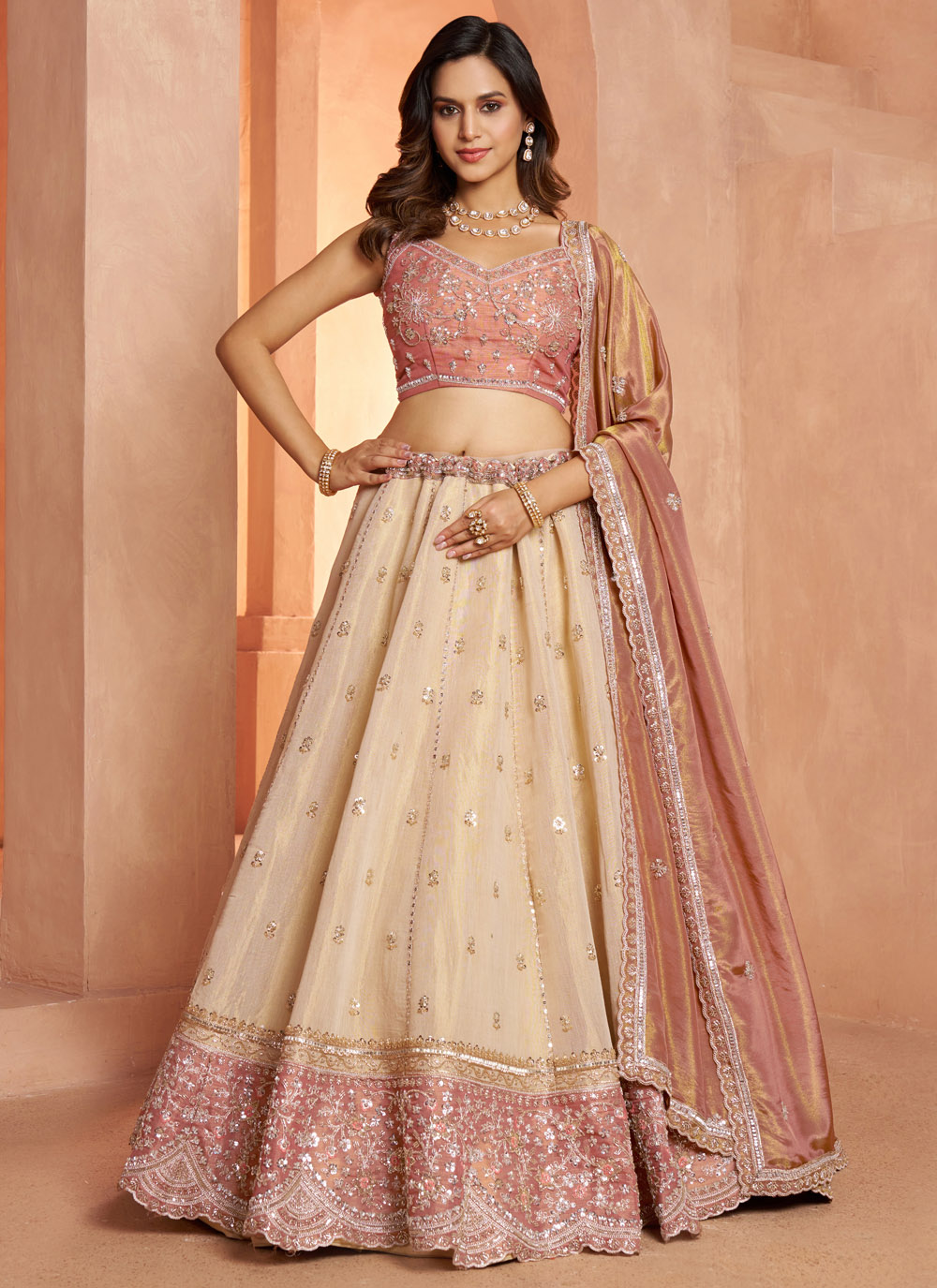 Cream and Peach Sequins Beads Embroidered Kanjivaram Silk Lehenga Choli - Buy Online