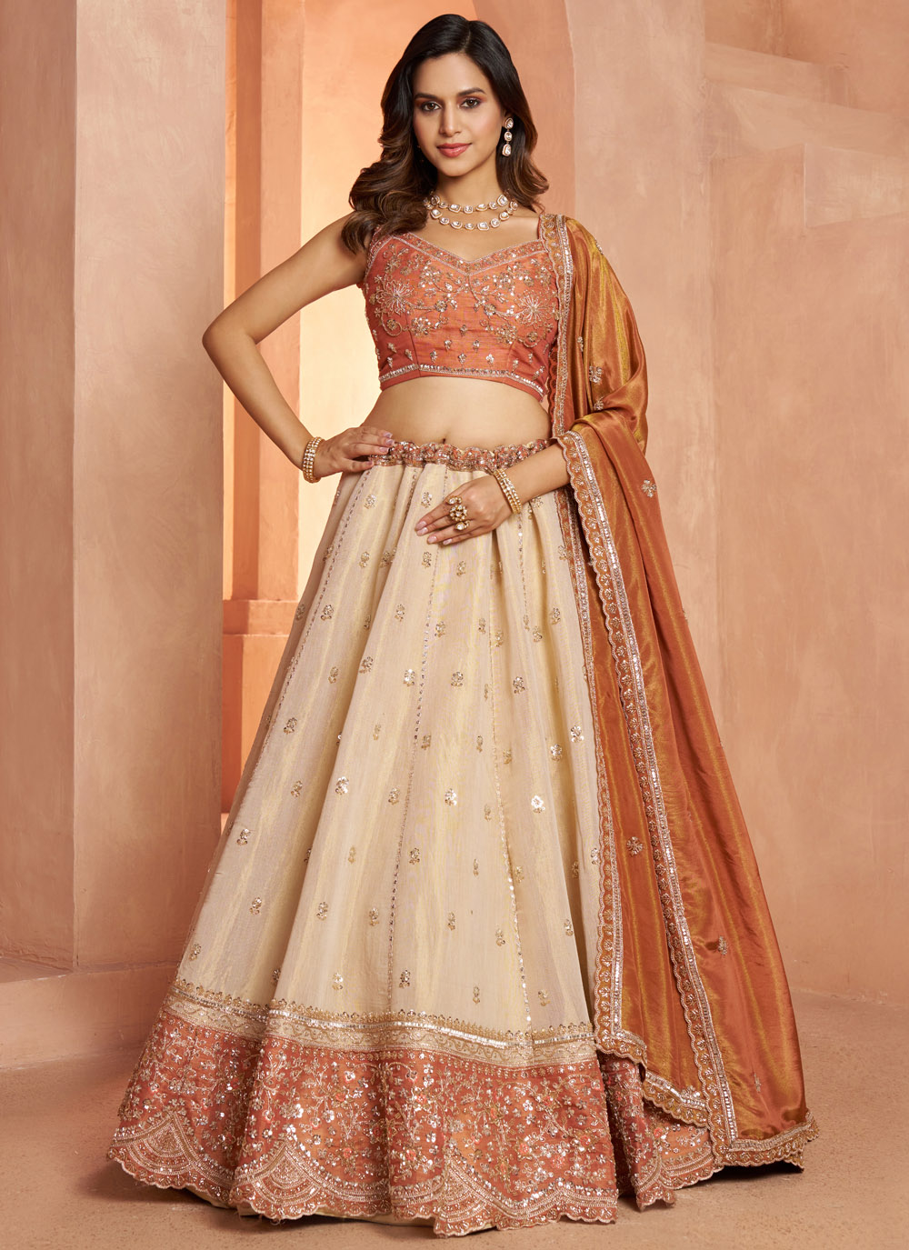 Kanjivaram Silk Beads Embroidered Cream and Orange Lehenga Choli - Buy Online