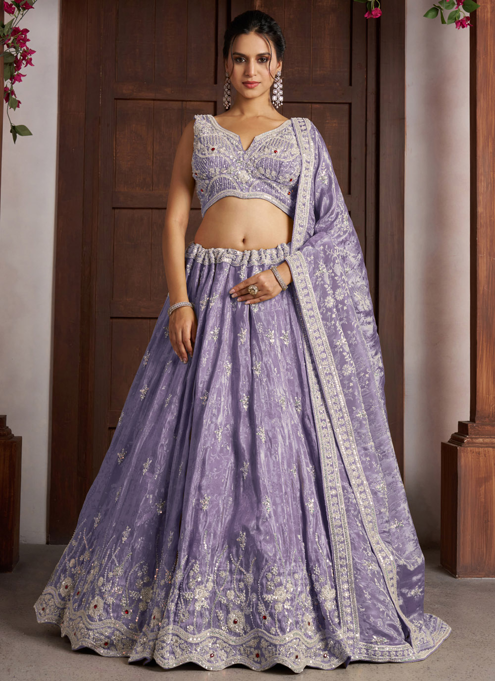Tissue Purple Beads Sequins Embroidered Lehenga Choli for Engagement - Buy Online