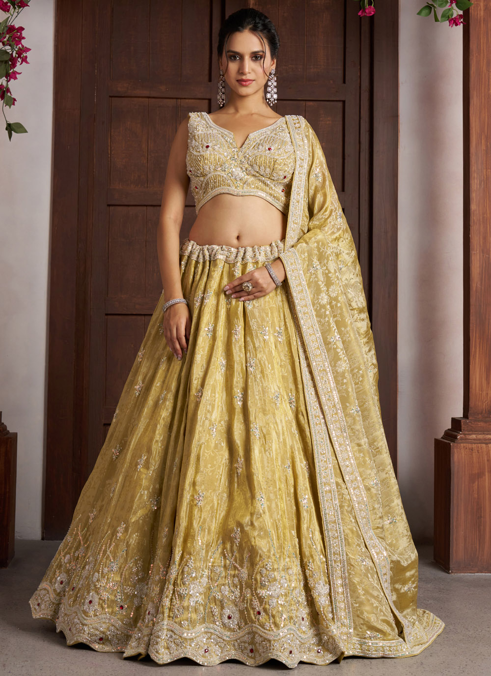 Yellow Beads Sequins Embroidered Tissue Designer Lehenga Choli - Buy Online