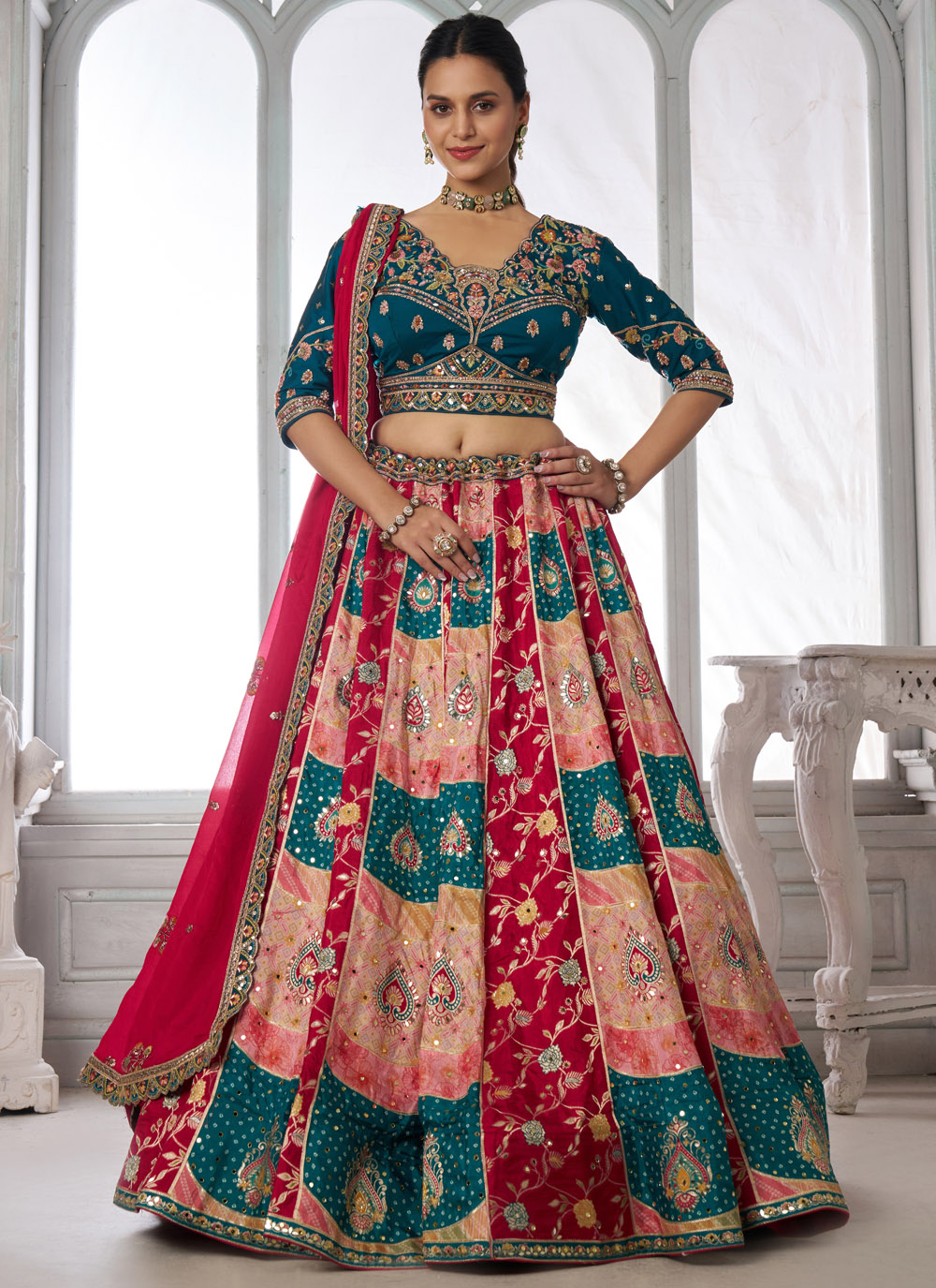 Multi Colour Chinon Sequins Mirror Embroidered Lehenga Choli - Buy Online